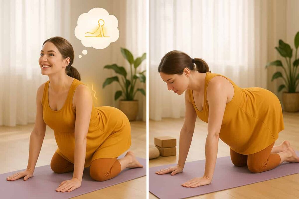 Pregnant woman in saffron yoga dress practicing Cat-Cow Stretch for back pain relief and spinal flexibility during pregnancy