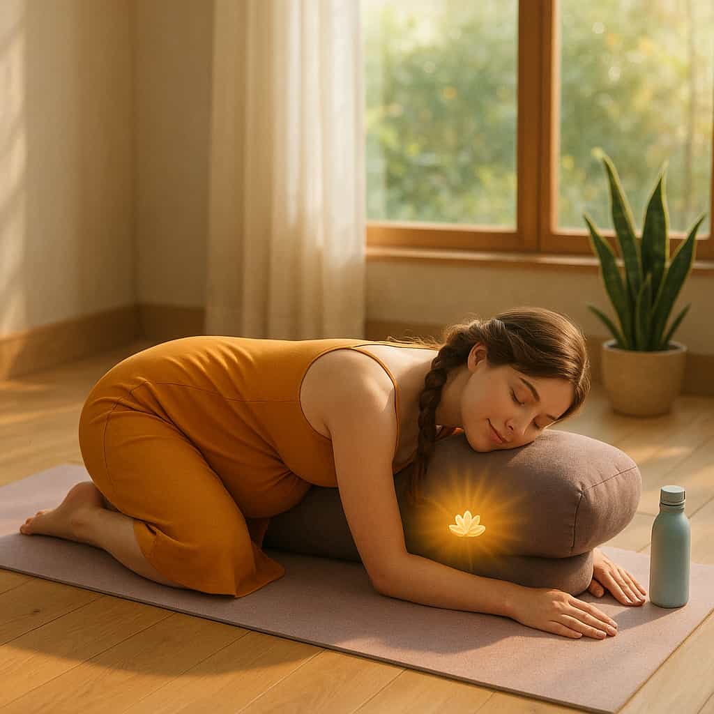 Pregnant woman in saffron yoga dress practicing modified Child’s Pose (Balasana) for lower back pain relief and relaxation during pregnancy.