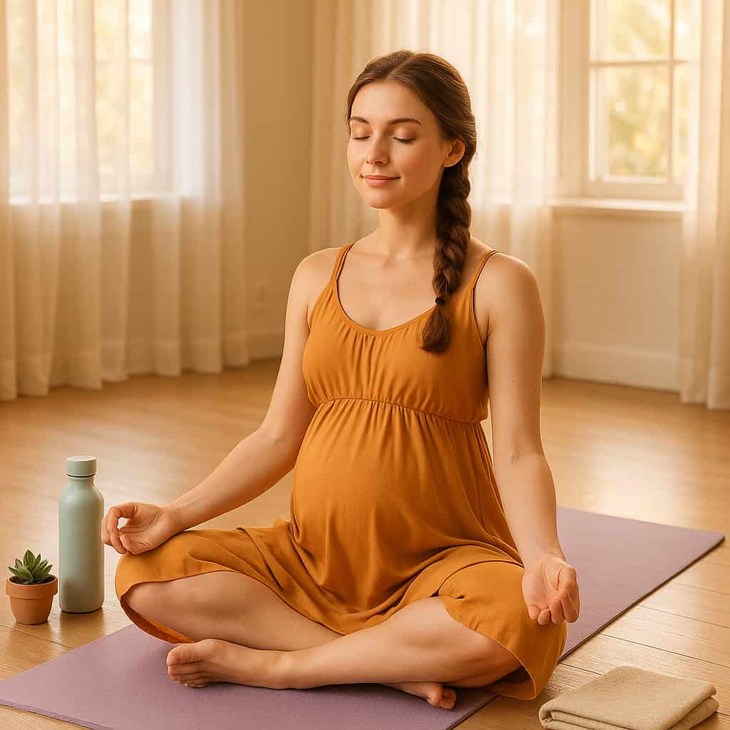 Serene pregnant woman practicing prenatal yoga in a saffron yoga dress for a healthy pregnancy and peaceful mind, natural light studio setting.