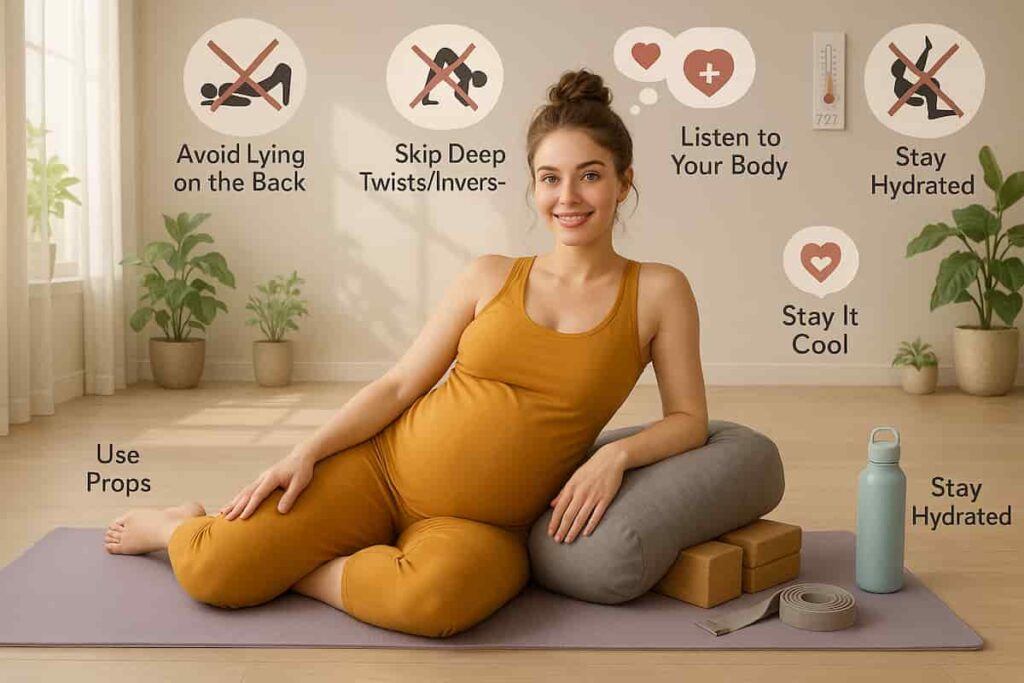 Pregnant woman in saffron yoga dress demonstrating prenatal yoga safety guidelines: avoiding supine poses, using props, staying hydrated, and cool environment.
