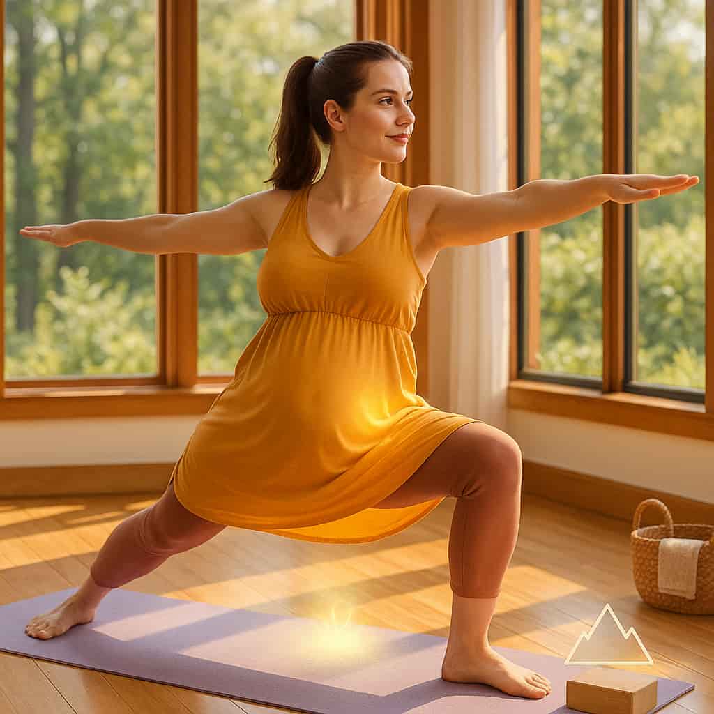 Pregnant woman in saffron dress practicing Warrior II Pose (Virabhadrasana II) to build hip strength and stamina during pregnancy