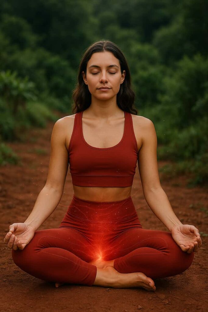 Woman practicing Root Chakra meditation in lotus pose with red energy glow