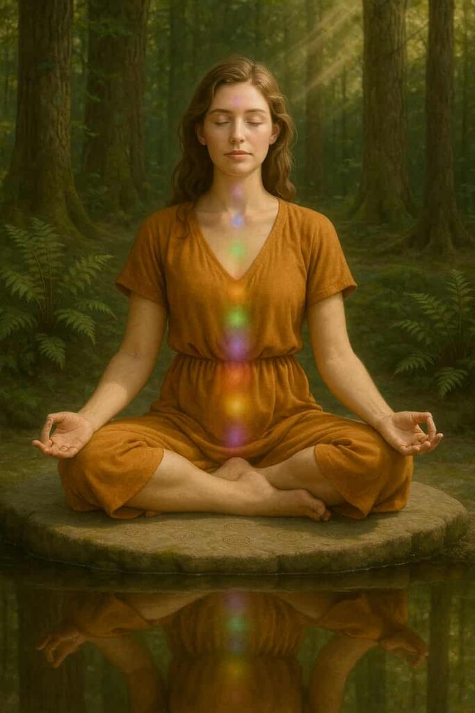 A photorealistic scene of a fair-skinned, blue-eyed young woman with brown hair meditating Chakra Meditation for Beginners in a forest. She wears a saffron yoga dress, sitting calmly on a mossy rock near a reflective pond. Subtle hints of chakra colors (soft red, orange, yellow, green, blue, indigo, violet) appear as faint glows along her spine, blending naturally with dappled sunlight filtering through trees. Realistic details include dewdrops on leaves, textured fabric folds, and natural shadows.