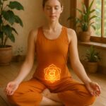 Realistic woman meditating with glowing sacral chakra symbol in peaceful yoga space