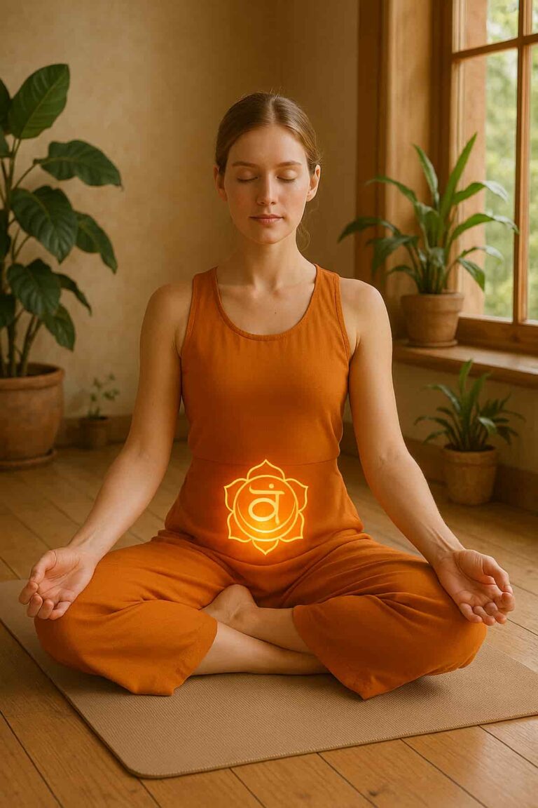 Realistic woman meditating with glowing sacral chakra symbol in peaceful yoga space