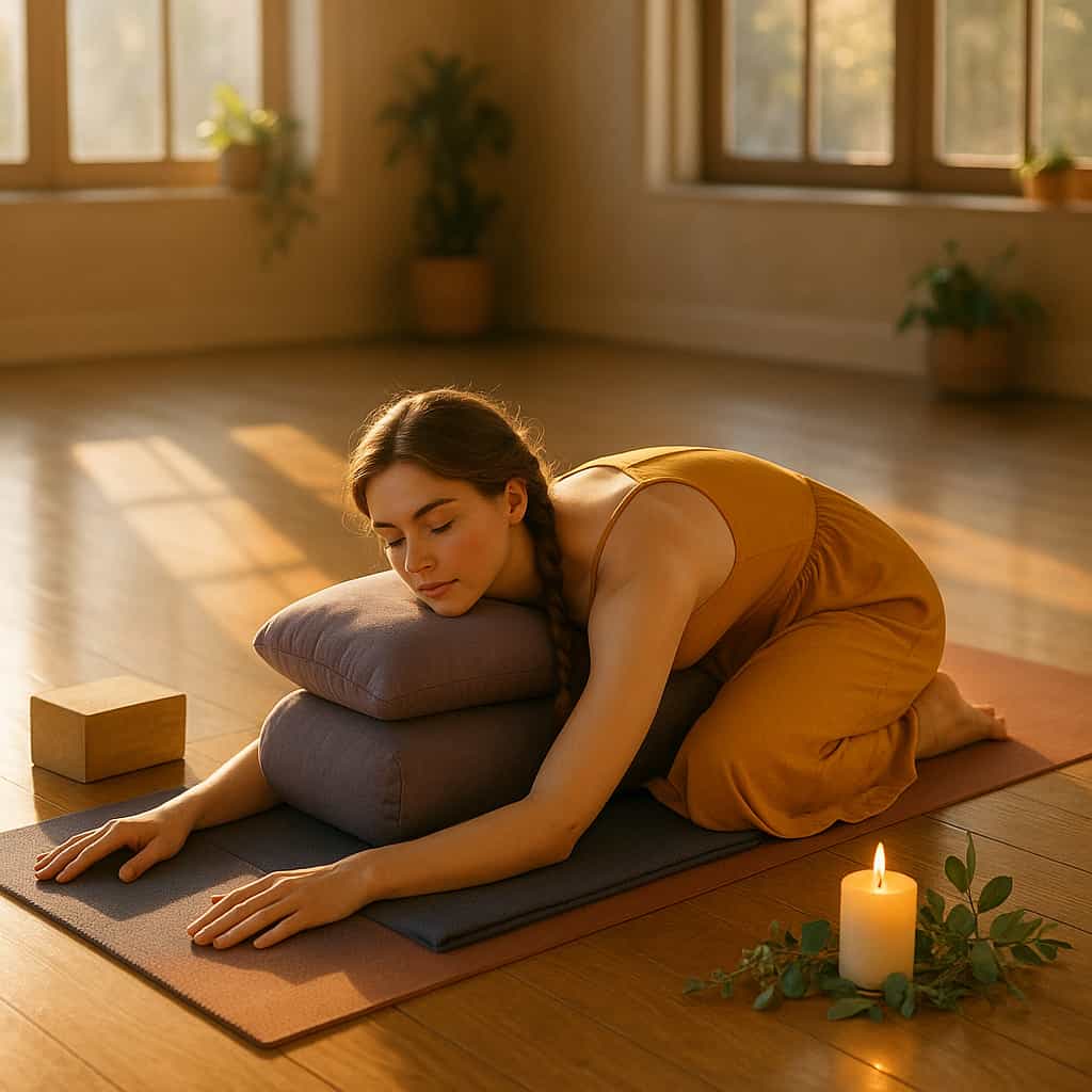 A young woman with fair skin, brown hair, and blue eyes practicing Balasana (Child’s Pose) in a serene yoga studio. She wears a saffron yoga dress, uses a bolster and blanket, and is surrounded by soft light, plants, and a candle