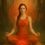 A young woman practicing Root Chakra meditation in a forest, seated in Vajrasana pose on a saffron mat. She wears a modern saffron yoga dress with red patterns, surrounded by glowing roots, red lotus, hematite crystals, and the Sanskrit mantra 'Lam'. Earthy tones and golden sunlight evoke grounding and spiritual balance