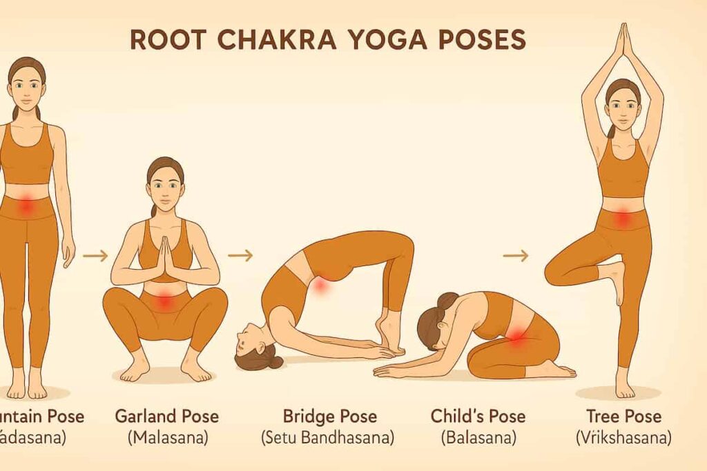 Step-by-step yoga poses with a woman in saffron outfit performing Tadasana, Malasana, Bridge, Child’s Pose, and Tree Pose