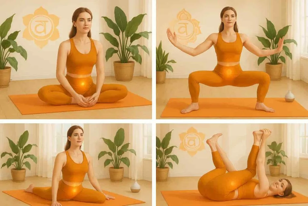 Woman in saffron yoga outfit demonstrating Bound Angle, Goddess, Pigeon, and Happy Baby poses to activate the Sacral Chakra