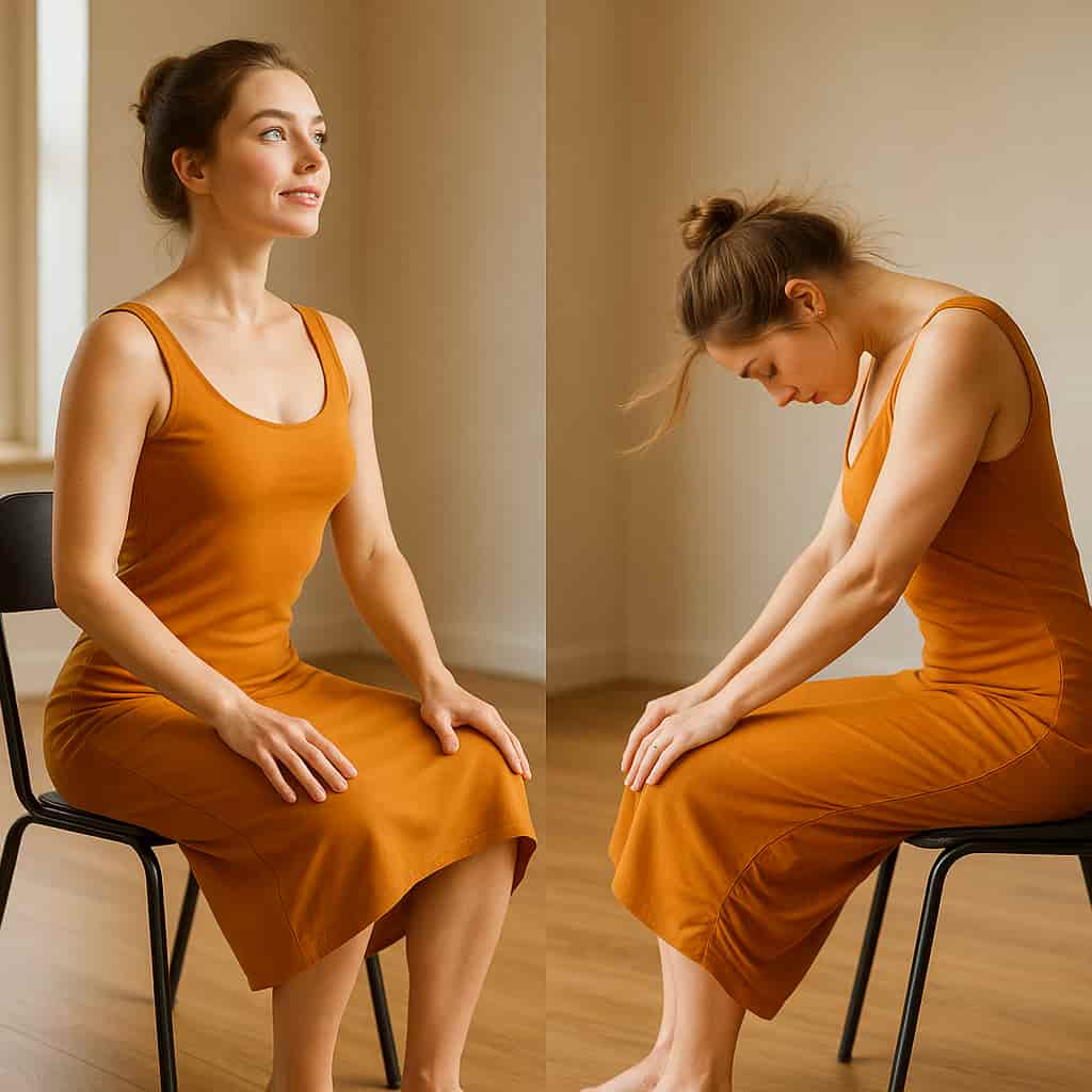 A young, fit woman with blue eyes and brown hair practices seated Cat-Cow flow on a yoga chair, wearing a stylish saffron yoga dress. She arches and rounds her spine with breath coordination