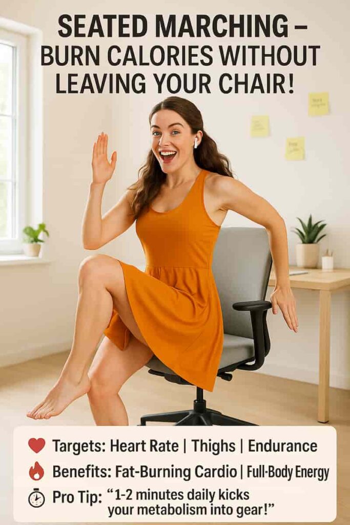 Young woman in saffron yoga dress doing seated marching exercise for cardio benefits. Shows proper knee lift and arm swing technique.