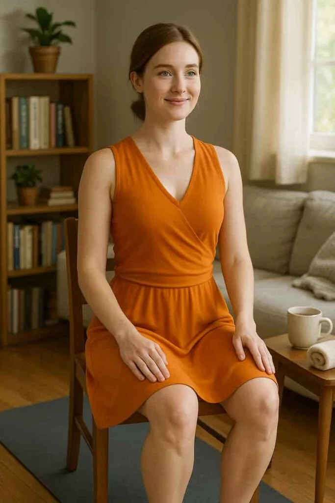A young fair-skinned woman with blue eyes and brown hair practices Chair Yoga Exercises Seated Mountain Pose on a wooden chair in a sunlit living room. She wears a saffron yoga dress, demonstrating calm posture and accessibility for daily wellness