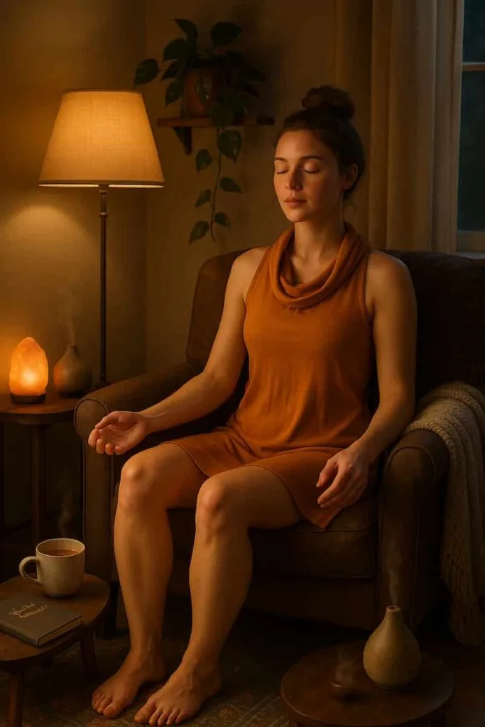 A fair-skinned woman in a saffron yoga dress practices Chair Yoga Exercises seated deep breathing in a cozy evening nook. Closed eyes, herbal tea, and warm light embody a mindful daily relaxation ritual