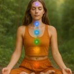 A serene young woman in a saffron yoga outfit sitting in lotus pose with glowing chakras aligned along her spine, symbolizing balanced energy