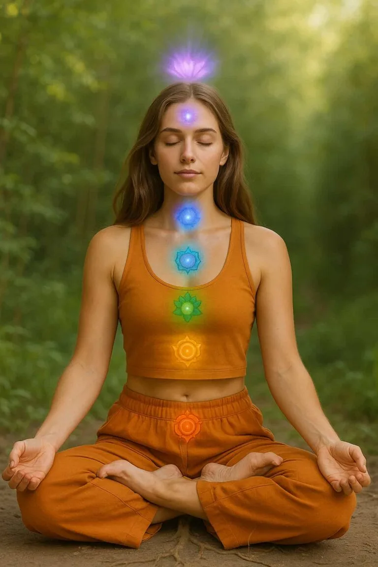 A serene young woman in a saffron yoga outfit sitting in lotus pose with glowing chakras aligned along her spine, symbolizing balanced energy