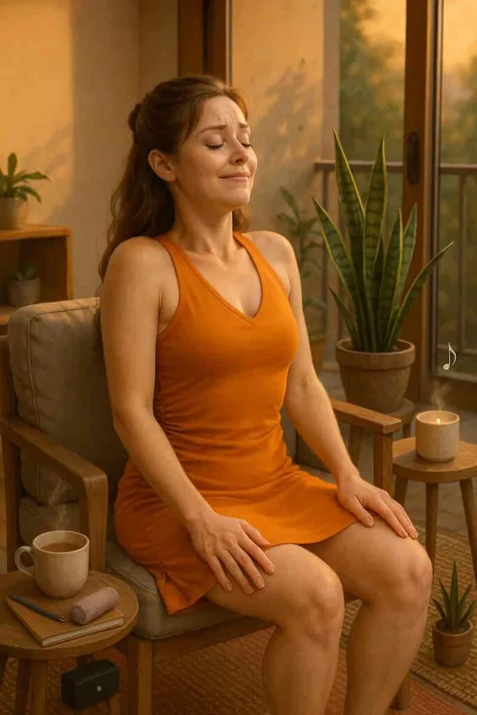 A young fair-skinned woman in a saffron yoga dress practices Chair Yoga Exercises seated shoulder rolls in a cozy indoor nook. Her transition from tension to calm, alongside tea and candles, embodies mood-boosting self-care
