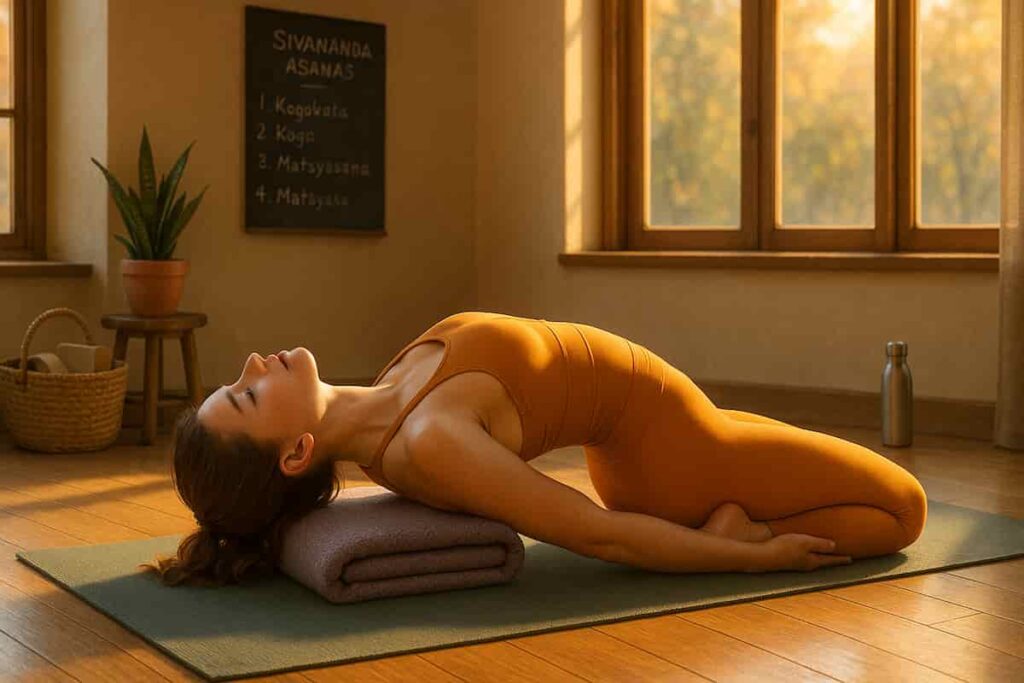 A young woman with fair skin and brown hair practices Fish Pose (Matsyasana) in a sunlit yoga studio. She wears a modern saffron outfit, arching her chest upward with head resting on the mat, supported by a lavender blanket. Wooden textures and plants frame the scene