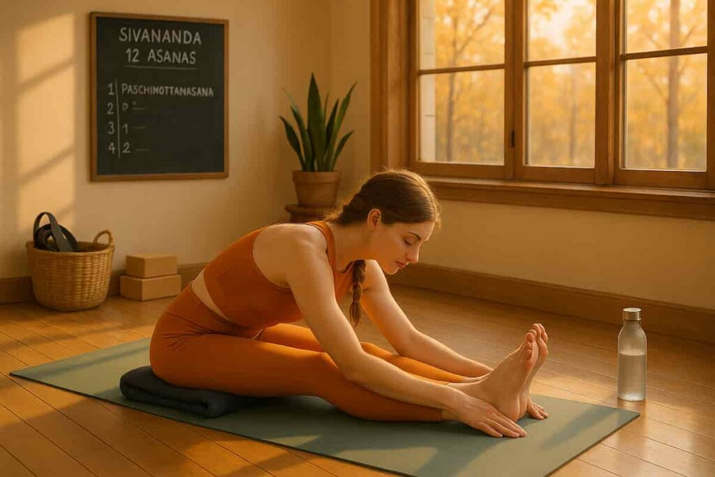A young woman with fair skin and brown hair practices Seated Forward Bend (Paschimottanasana) in a sunlit studio. She wears a modern saffron outfit, folding forward over extended legs, supported by a yoga blanket. Wooden textures and plants frame the serene scene