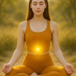 A peaceful woman meditating with a glowing Solar Plexus Chakra in nature wearing a saffron yoga outfit