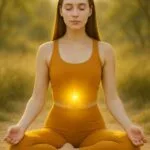 A peaceful woman meditating with a glowing Solar Plexus Chakra in nature wearing a saffron yoga outfit