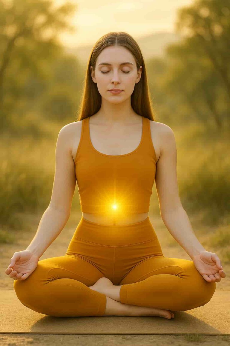 A peaceful woman meditating with a glowing Solar Plexus Chakra in nature wearing a saffron yoga outfit