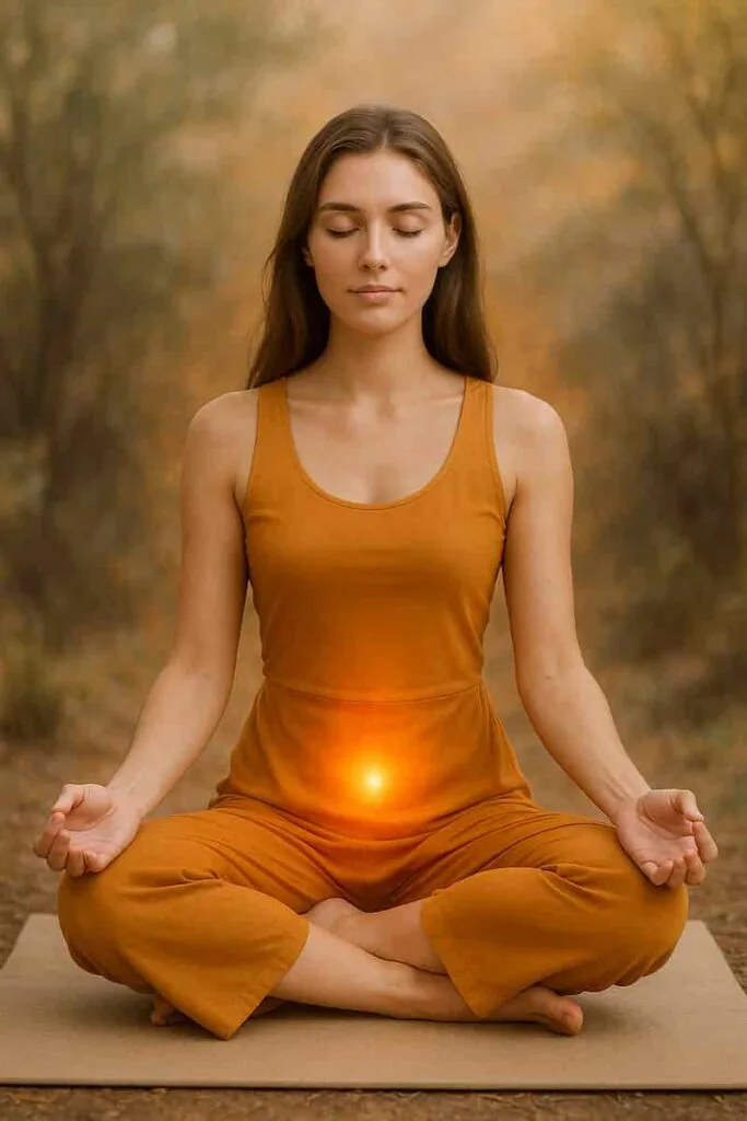 A woman meditating with an orange light representing the balanced Sacral Chakra below her navel