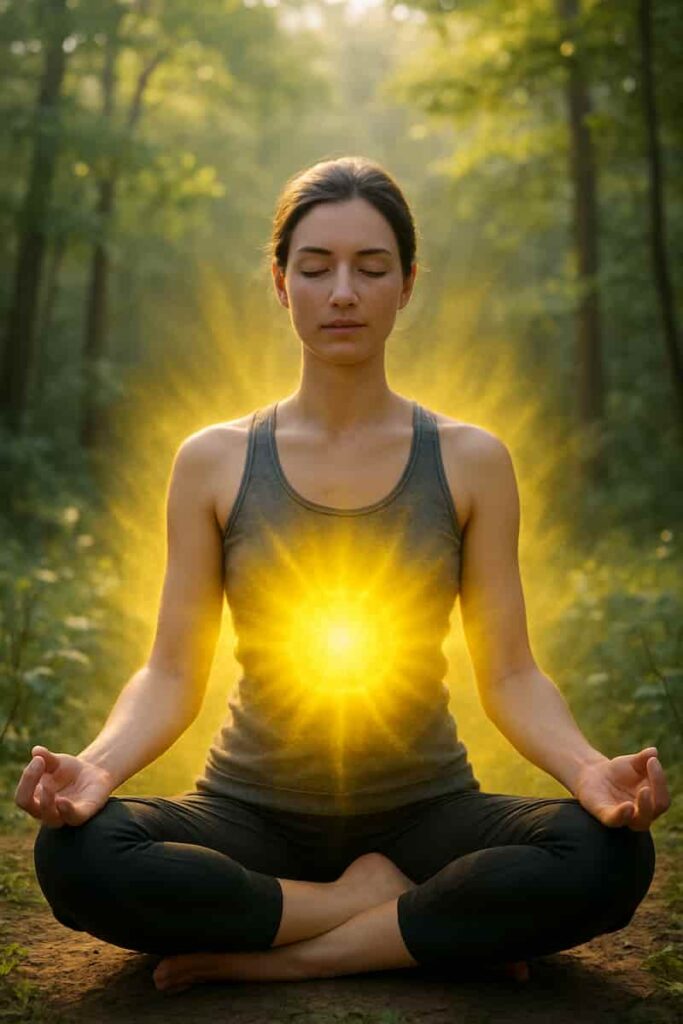 Understanding-the-Solar-Plexus-Chakra: A woman with brown hair, blue eyes, and fair skin meditating outside while wearing a yoga costume and radiating yellow light.