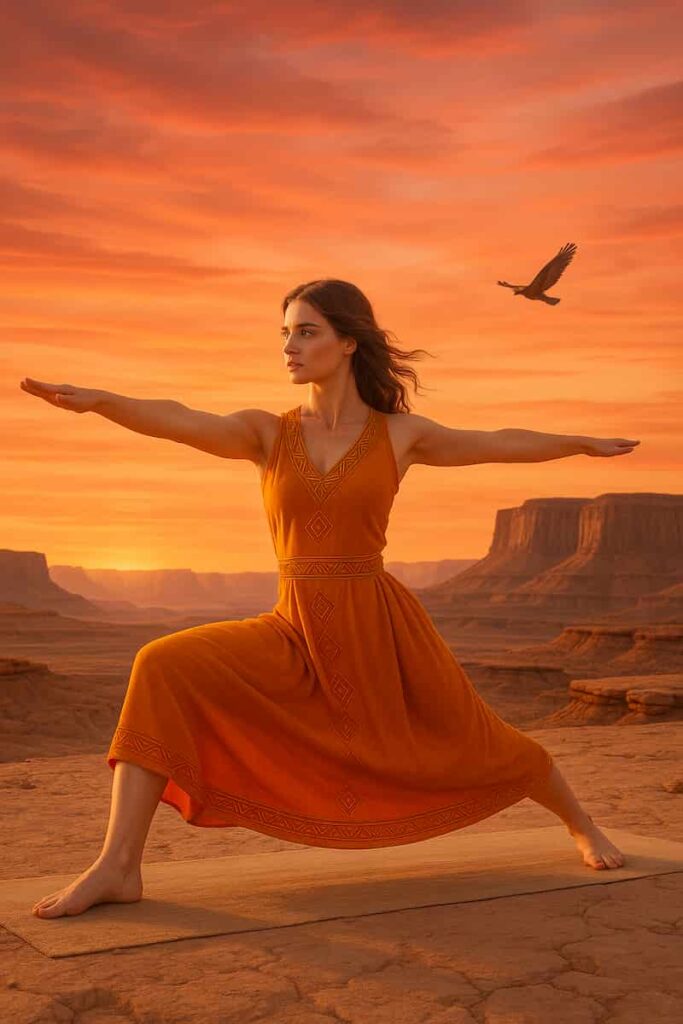 A fair-skinned woman in a saffron dress practices Warrior II on a desert plateau at sunset. With arms outstretched and gaze focused, she embodies strength and determination, framed by cliffs and golden light, symbolizing harmony of courage and grounding.