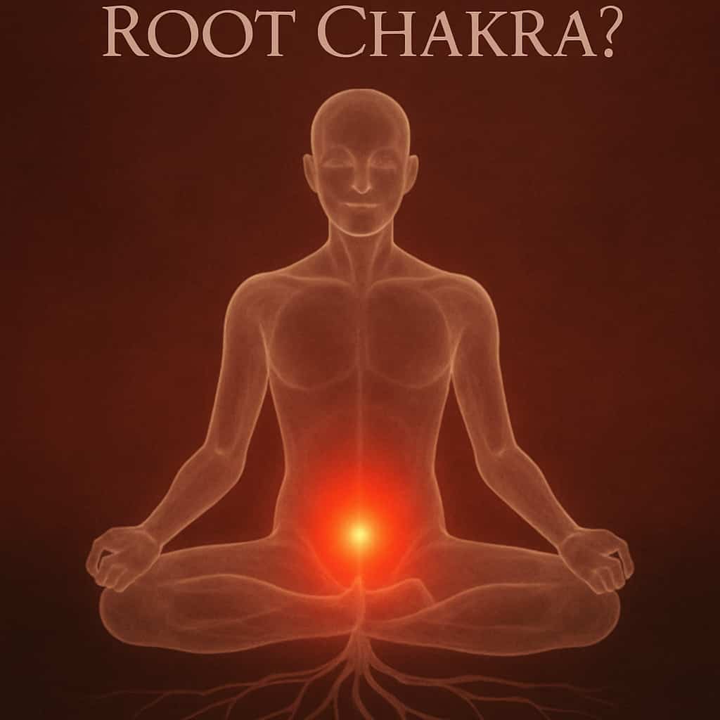 Transparent human body showing Root Chakra glowing red at the base of the spine with grounding roots below