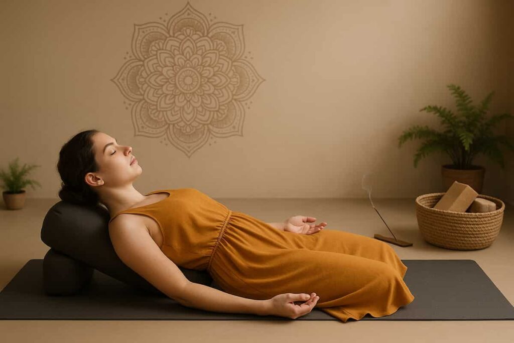 A young woman in a saffron yoga dress practices Yin Yoga’s Supported Fish Pose on a bolster, eyes closed in meditation. Props and earthy decor surround her in a minimalist studio, illustrating Yin Yoga’s focus on stillness, patience, and deep connective tissue release