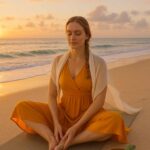 A young woman in a saffron yoga dress practices Butterfly Pose on a beach at sunrise. The golden-hour lighting, ocean backdrop, and serene expression embody Yin Yoga’s calming, beginner-friendly benefits