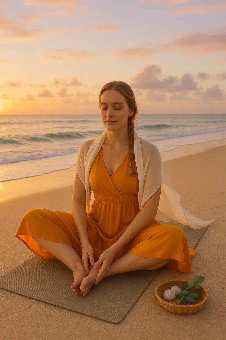 A young woman in a saffron yoga dress practices Butterfly Pose on a beach at sunrise. The golden-hour lighting, ocean backdrop, and serene expression embody Yin Yoga’s calming, beginner-friendly benefits