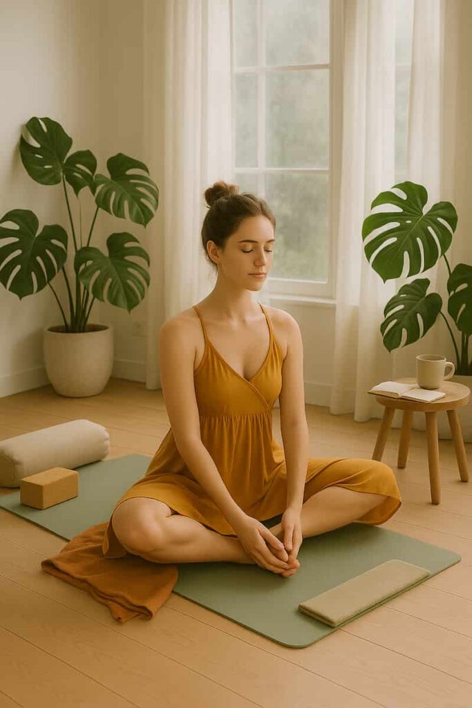 A calm young woman in a saffron yoga dress practices Butterfly Pose in a sunlit studio, surrounded by plants and props. The scene highlights Yin Yoga’s benefits: flexibility, stress relief, emotional balance, and mindfulness for beginners