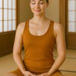 A serene 23-year-old woman in a deep saffron yoga dress sits in Zen meditation with a peaceful smile, in a minimalist Japanese-style room with natural lighting.