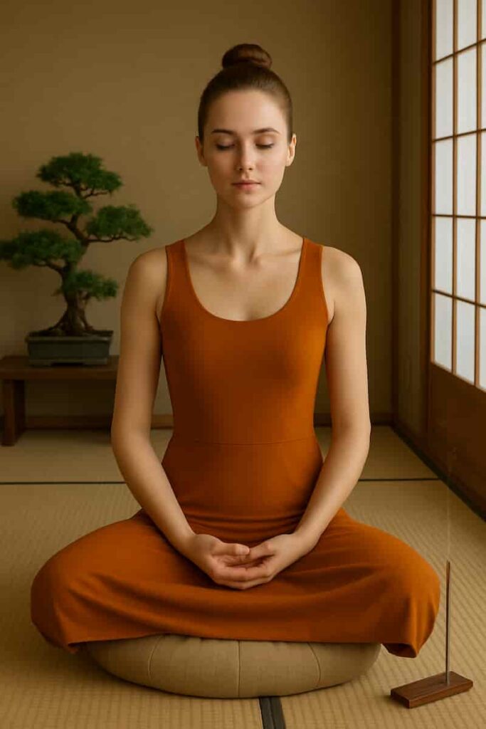 A peaceful 23-year-old woman with fair skin and blue eyes, sitting upright in stillness on a cushion in a traditional Zen room, wearing a deep saffron yoga dress with a calm and confident expression.