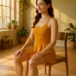 A fair-skinned woman with blue eyes and brown hair practices seated chair yoga in a saffron-colored dress. Warm sunlight highlights her calm posture and serene studio setting, ideal for beginners.