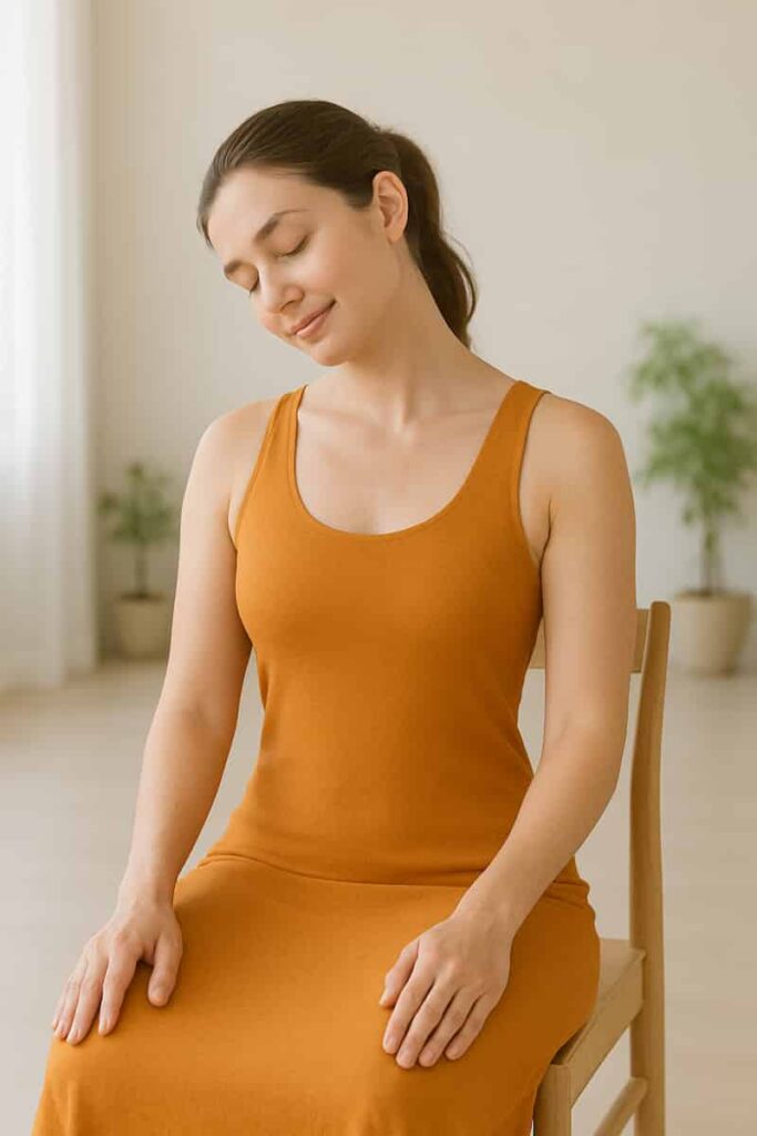A young woman in a saffron yoga dress performs gentle neck rolls during chair yoga, eyes closed in relaxation. She sits with perfect posture in a serene, sunlit space.