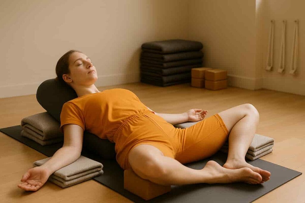 Woman in Supta Baddha pose using bolster and blocks in an studio for restorative relaxation.