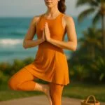 Young woman in saffron yoga dress practicing Tree Pose (Vrksasana) on a beach at sunrise, embodying calm and modern wellness