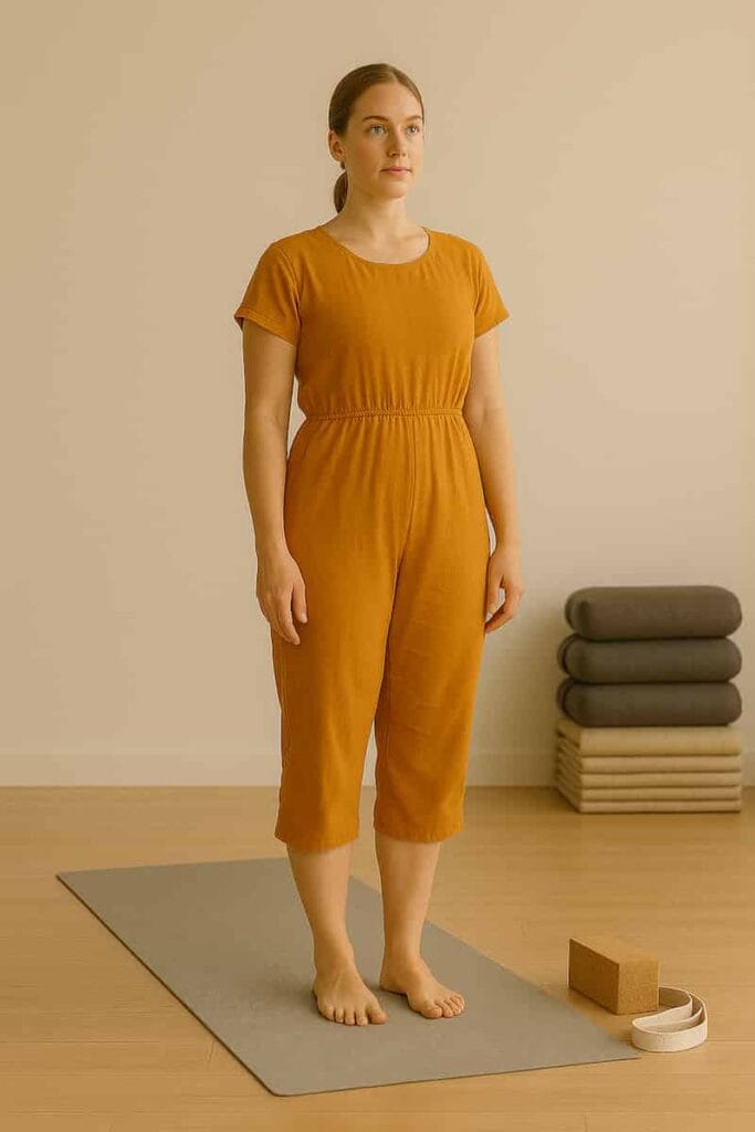 A woman in a saffron yoga outfit practicing Tadasana (Mountain Pose) indoors with precise Iyengar-style alignment, standing tall and grounded on a yoga mat.