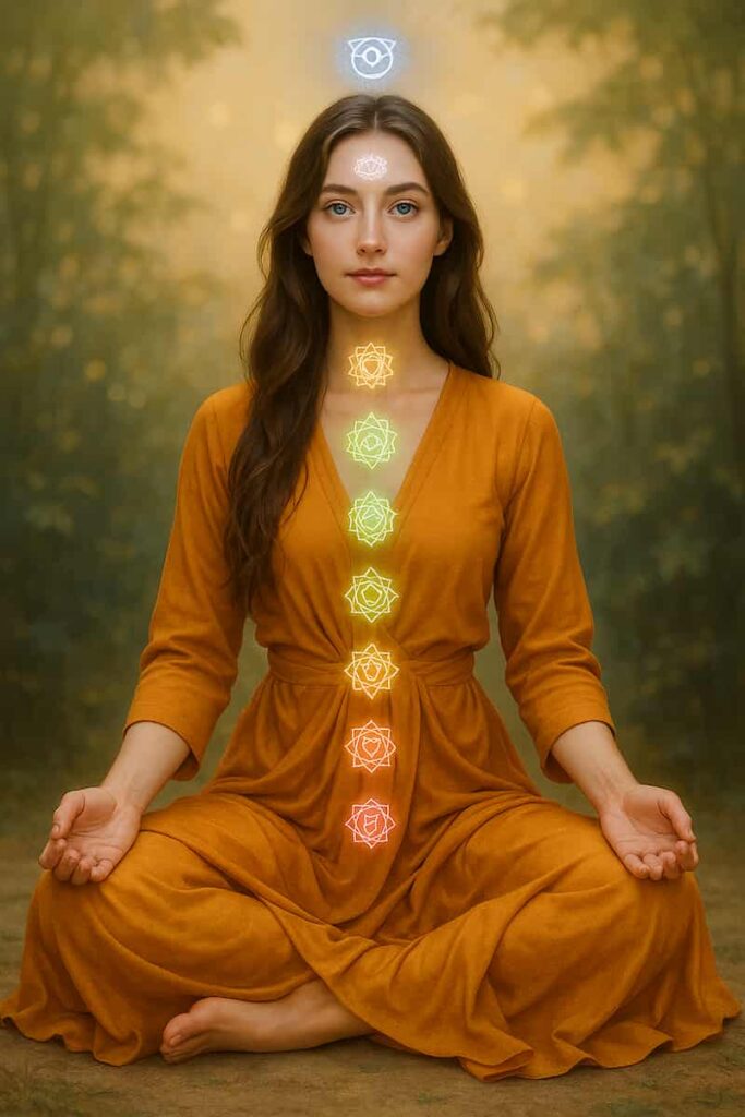 A serene young woman Chakra Meditation for Beginners in a lotus pose with glowing chakra symbols aligned along her spine, a nature-filled background with soft sunlight.