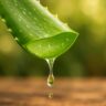 Close-up of a freshly cut aloe vera leaf oozing natural gel, highlighting its skincare benefits. Pure and organic.