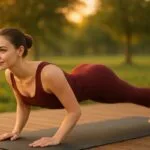 A graceful young woman with very fair skin and blue eyes holds Chaturanga Pose in a minimalist dark red yoga dress, outdoors on a mat in a peaceful, sunlit park setting