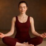 Young woman in dark red yoga dress meditating deeply for better sleep
