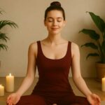 A peaceful and confident young woman with fair skin and blue eyes wearing a dark minimalist casual shorts dress, smiling naturally in soft natural light, symbolizing a simple daily meditation reset.