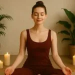 A peaceful and confident young woman with fair skin and blue eyes wearing a dark minimalist casual shorts dress, smiling naturally in soft natural light, symbolizing a simple daily meditation reset.