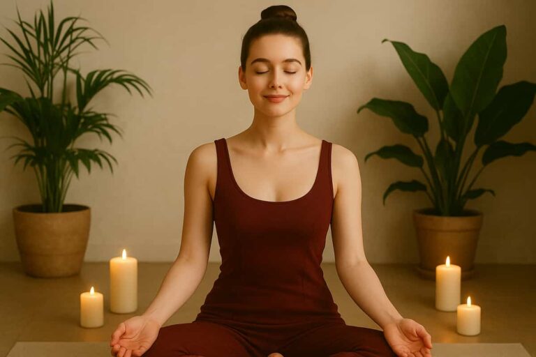 A peaceful and confident young woman with fair skin and blue eyes wearing a dark minimalist casual shorts dress, smiling naturally in soft natural light, symbolizing a simple daily meditation reset.