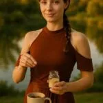 A serene young woman in saffron yoga attire connects with nature while preparing ashwagandha tea, embodying holistic health and traditional wisdom.