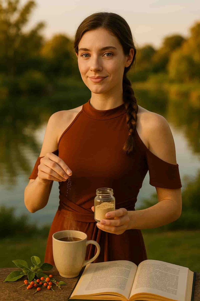 A serene young woman in saffron yoga attire connects with nature while preparing ashwagandha tea, embodying holistic health and traditional wisdom.