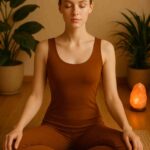 A calm young woman in a dark saffron yoga dress sitting cross-legged, meditating in a softly lit indoor space.